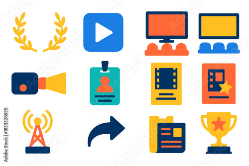 Documentary Distribution Icons. Flat vector icons of documentary distribution: film festival laurel, streaming platform, DVD case,