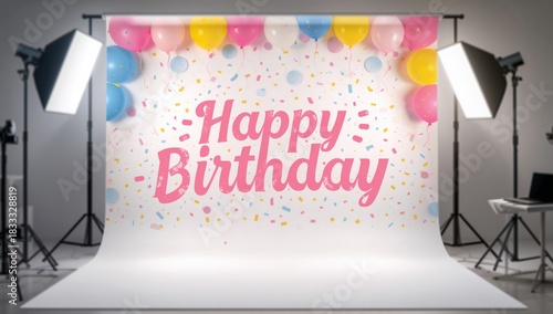 Colorful Birthday Backdrop With Balloons and Confetti for Celebration Events