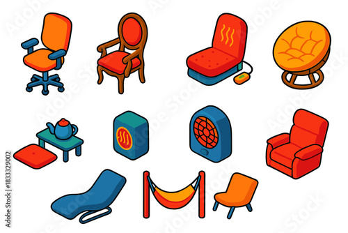 Ergonomic Seating Evolution. Isometric vector illustration set Comfort: ergonomic seating designs, historical furniture evolution,