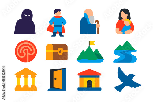 Archetypal Dream Icons. Flat vector icons of Archetypal Dreams: shadow figure, hero, wise old man, mother figure, child figure,
