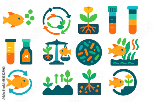 Aquatic Balance Icons. Flat vector icons of balancing fish and plant systems: fish feeding, nitrate cycle diagram, healthy roots,