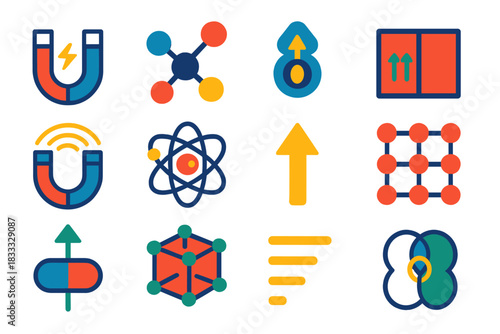 Magnetochemistry Icon Set. Flat vector icons of magnetochemistry concepts: magnet, molecular structure, electron spin, orbital