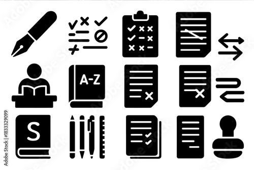 Dictionary Editing Icons. Solid style icons of dictionary editing: red pen, proofreading marks, editing checklist, page