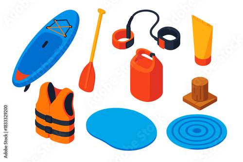 Outdoor Sports Icons. Isometric vector illustration set Outdoor sports – stand-up paddleboard, paddle, ankle leash; life vest, dry