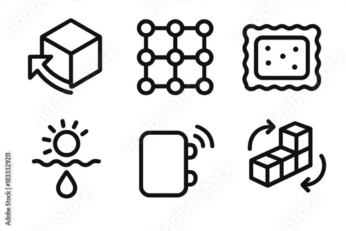 Programmable Matter Icons. Line style icons of Programmable Matter: shape-shifting cube, molecular structure grid, smart material