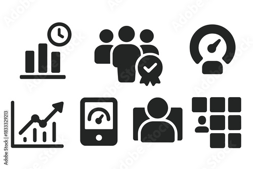 Class Session Icons. Solid style icons of class session visualizers: bar chart with time glyph, attendance icon, progress badge.