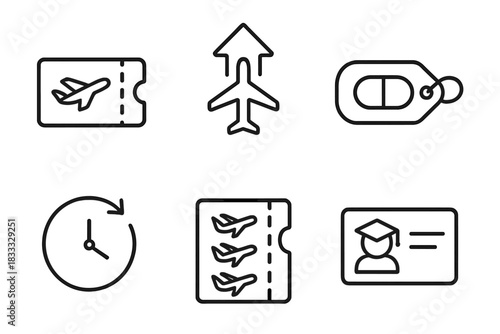 Ticket Class Icons. Line style icons of ticket classes and options: economy boarding ticket, priority boarding symbol, business