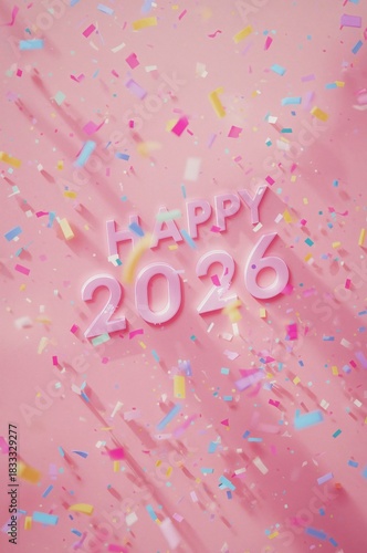 New Year Celebration With Colorful Confetti and Happy 2026 Greeting on a Pink...