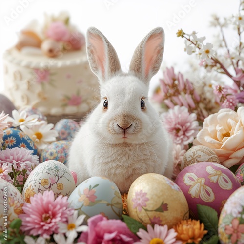 White Bunny Surrounded by Colorful Easter Eggs and Flowers in a Festive Sprin...