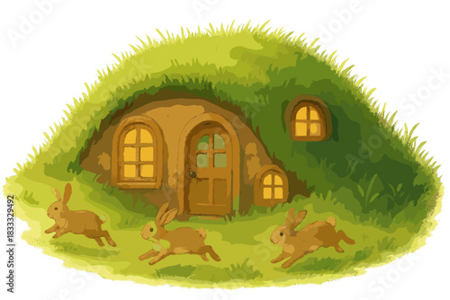 Earthy Rabbit Haven. Earth-sheltered house with grassy roof, rabbits hopping, and cheerful windows peeking out of the hillside No
