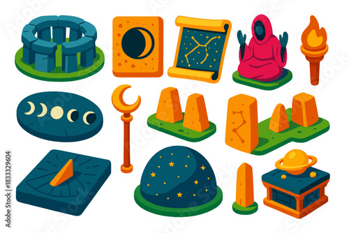 Ancient Astronomy Icons. Isometric vector illustration set Ancient Astronomy: stone circle structure, eclipse forecast plate, hand