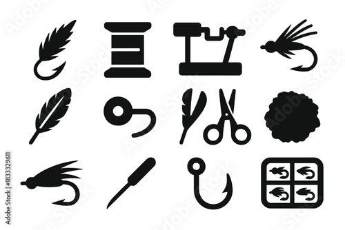 Fly Fishing Craft Icons. Solid style icons of fly fishing lure crafting: feathered hook, thread spool, tying vise, crafted lure,