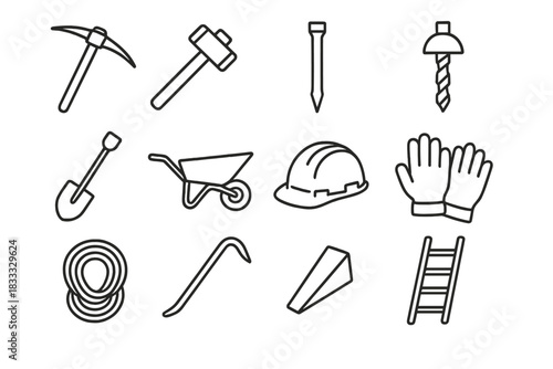 Quarry Tool Icons. Line style icons of quarry tools: pickaxe, sledgehammer, chisel, drill bit; shovel, wheelbarrow, safety helmet,