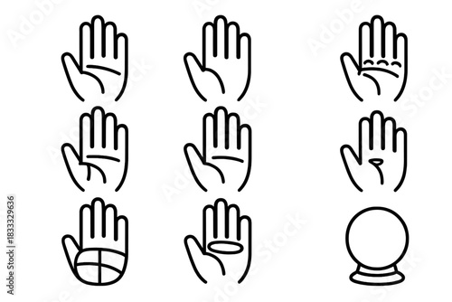 Chiromancy Icon Set. Line style icons of Chiromancy: Palm Creases, Life Line, Hand Mounts, Future Prediction; Heart Line, Head
