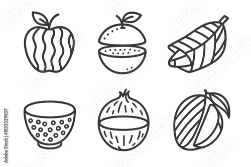 Fruit Packaging Icons. Line style icons of edible fruit packaging: apple skin casing, citrus peel shell, banana leaf wrap, grape