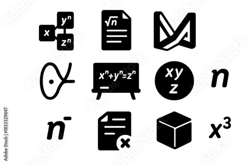 Fermat's Theorem Icons. Solid style icons of Fermat's Last Theorem: xⁿ+yⁿ=zⁿ diagram, proof manuscript, impossible triangle,