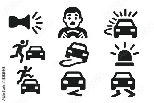 Traffic Stunt Icons. Solid style icons of traffic stunts and reactions: horn honk panel, surprised driver icon, emergency brake