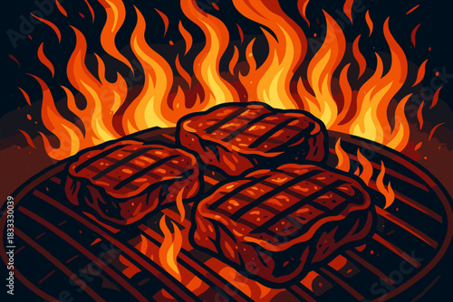 Sizzling BBQ Flames. Fiery grill with sizzling meat and glowing flames, dynamic lighting and bold tones, ideal for barbecue,