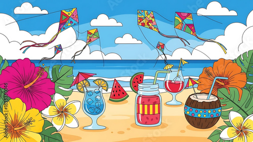 Colorful beach scene with tropical drinks, flowers and kites in the sky.