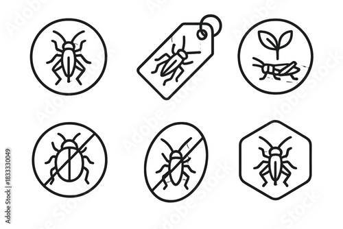 Edible Insect Icons. Line style icons of edible insect labels: “100% edible” badge, “high protein” tag, “sustainably farmed” stamp