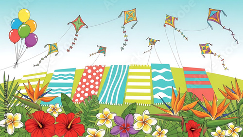 Vibrant tropical scene with kites soaring over colorful beach towels.