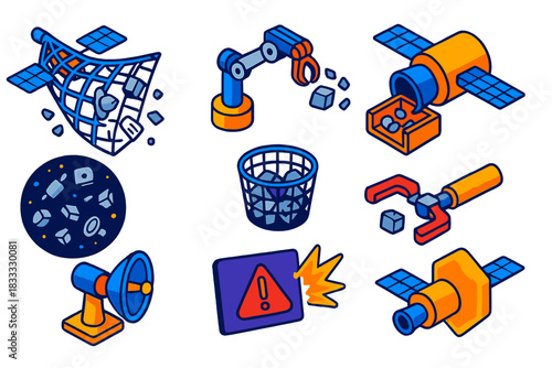 Space Debris Solutions. Isometric vector illustration set Space exploration – space debris net, capture arm, disposal bay; debris