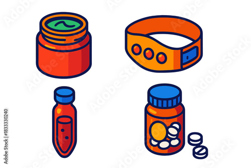 Dubious Wellness Icons. Isometric vector illustration set Dubious Wellness Tools: Radium salve jar, magnetic health belt, blood