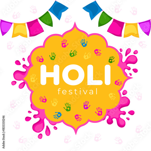 A bright and festive Holi festival illustration with vibrant color splashes, multicolored handprints, and decorative bunting flags