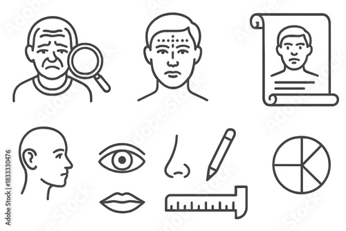 Facial Analysis Icons. Line style icons of Facial Analysis: Forehead Wrinkle Reading, Face Mapping, Character Assessment, Obsolete