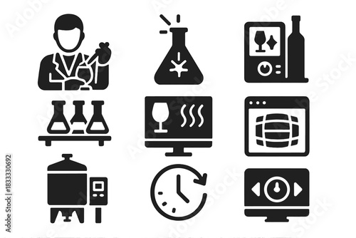 Futuristic Wine Lab Icons. Solid style icons of futuristic wine labs: white-coat technician with pipette, glowing wine flask,