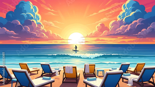 Serene Beach Escape: Loungers Await Beneath a Vibrant Sunset Sky