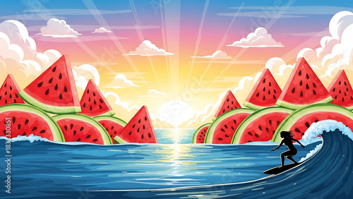 Surfer catches a vibrant wave among watermelon islands at sunset.