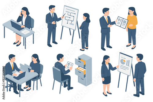 Isometric Business People Scene. Isometric vector illustration set of Business People: secretary on phone, team lead showing