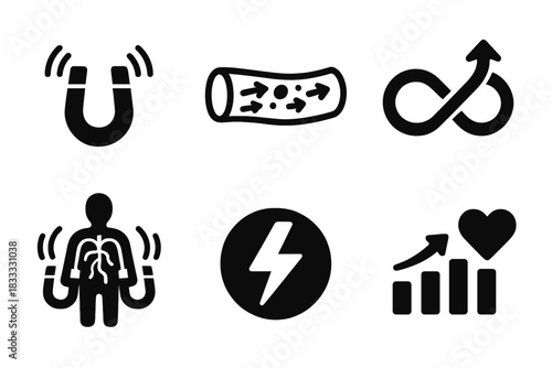 Wellness Icons Collection. Solid style icons of wellness and circulation: blood flow magnet symbol, vessel arrows, vitality loop.