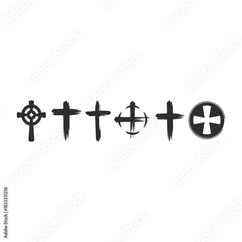 Collection of six distinct christian cross symbols in a distressed, grunge style isolated on