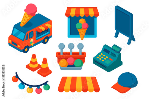 Ice Cream Icon Set. Isometric vector illustration set Ice cream and desserts – ice cream cone truck, serving window, menu board;
