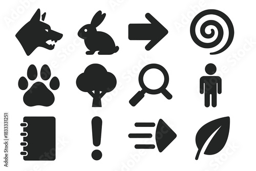 Predation and Risk Icons. Solid style icons of predation and risk assessment: predator silhouette, prey silhouette, arrow, spiral,