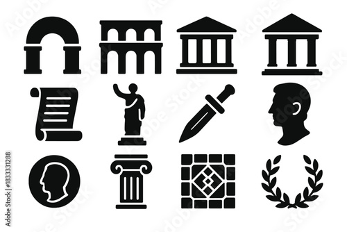 Ancient Rome Icons. Solid style icons of Ancient Rome: Arch, Aqueduct, Forum, Temple, Scroll, Statue, Dagger, Bust, Coin, Column,
