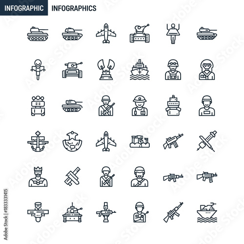 Infographic icons depicting military vehicles soldiers and weapons in a grid arrangement