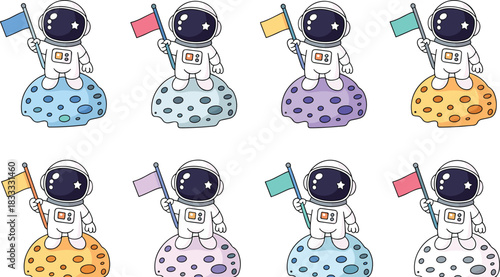 Cartoon astronauts, colorful flags, space exploration, cratered planets, whimsical moonscape, sci-fi, fantasy, illustration