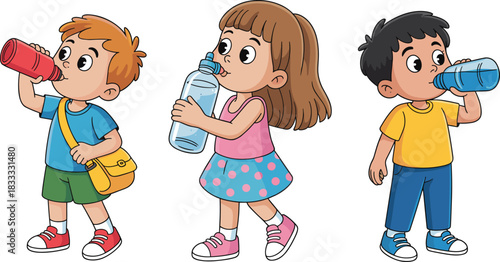 Cartoon children, drinking water, hydration, summer activity, healthy lifestyle, kids illustration, outdoor fun, wellness, colorful design