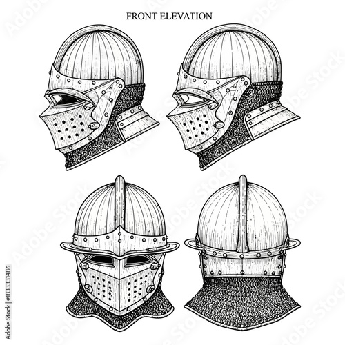 Four detailed sketches of a medieval helmet with visor and chainmail neck protection in front elevation