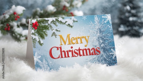 Merry Christmas Card With Winter Scenery and Festive Decorations Set in a Coz...
