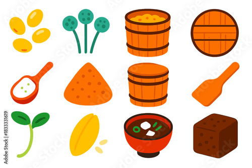 Miso Production Icons. Flat vector icons of miso production: soybeans, koji mold spores, fermentation vat, wooden lid, salt scoop,
