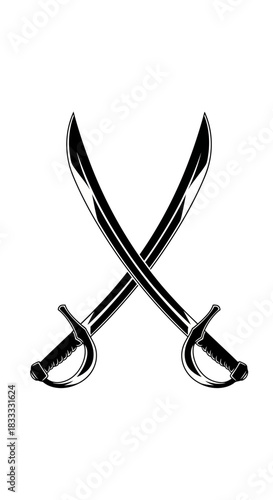 Crossed black and white scimitars with curved blades and ornate handles on a white background