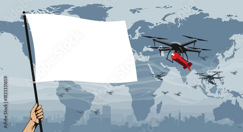 A hand holding a blank flag with drones carrying bombs flying over a world map background