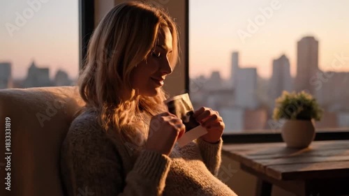 Young woman enjoying warm sunset light, holding a photograph, city view
