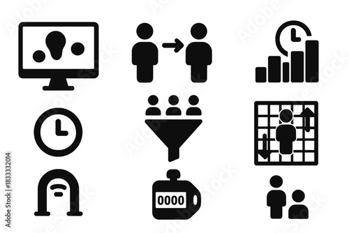 Store Traffic Analytics Icons. Solid style icons of store traffic analytics: footfall heatmap screen, customer flow icon, peak