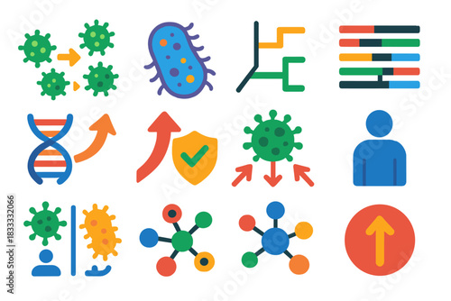Pathogen Evolution Icons. Flat vector icons of evolution of pathogens: virus evolution, bacterial mutation, phylogenetic tree,