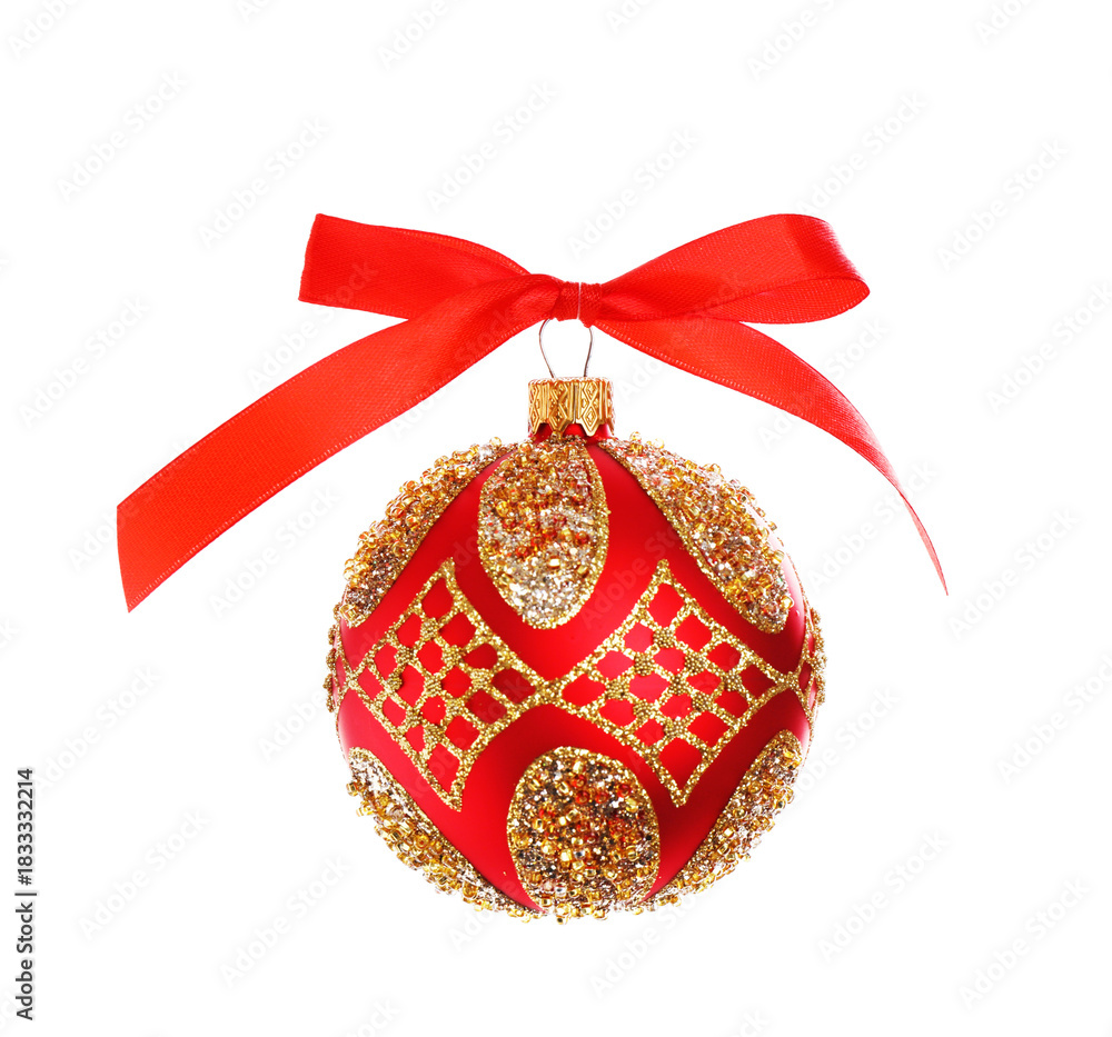 Obraz premium Beautiful red Christmas ball on white background